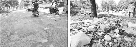 A potholed road at Phase I in Mohali. Despite highlighting the issue in these columns, nothing has been done so far; and (right) Garbage dumped along a road. One can see litter strewn everywhere in the area