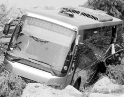 The Volvo bus of Haryana Roadways stuck in a ditch after a truck crashed into it, killing its conductor, at Ambala Cantonment on Sunday