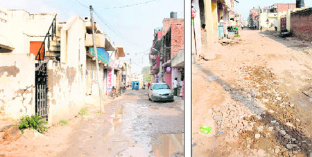 Waterlogged and potholed roads of Dadu Majra village reflect the absence of civic amenities in ward No. 6 of the Chandigarh municipal corporation