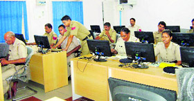 A computer class in progress at Rohtak Police Lines for policemen.