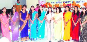 Women present a song to mark 145th birth anniversary of Sher-e-Duggar Lala Hans Raj Mahajan in Jammu on Sunday