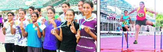 Winners of the 4x100m relay; and (right) Anju Rani of Jalandhar who won gold in 400m hurdles at the 37th Punjab Games for Women in Ludhiana on Sunday.