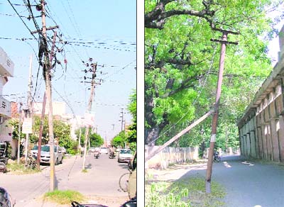 Electricity poles installed in the middle of the road at Rishi Nagar. An electricity pole installed near All Weather Swimming Pool of MC near Mall Road.