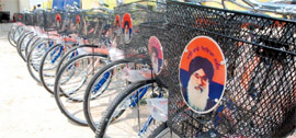 The bicycles meant for distribution under the Mai Bhago scheme have pictures of the CM fixed prominently on the front baskets.