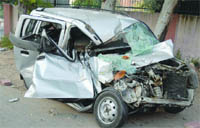 The damaged WagonR car of Gaurav Gujral, who died after a speeding truck rammed into his car, on Sunday night in South Delhi. 