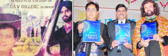 A poster of a much younger and turbaned Jagjit Singh (holding a tanpura) during his college days put up against a backdrop of the DAV College building along with his more recent photograph; and (right) Jagjit Singh with his former college Principal and Sufi singer Hans Raj Hans at a college function in Jalandhar