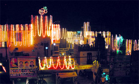 A street decked up with lights on the eve of Valmiki Jyanti in Ludhiana on Monday.
