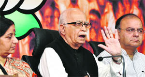 LK Advani, Sushma Swaraj and Arun Jaitley at a press conference in New Delhi. 