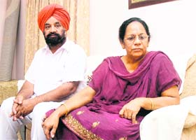 Inderjeet Kaur, sister of the late ghazal maestro Jagjit Singh, with her husband in Chandigarh on Tuesday