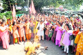 Protesting anganwari workers burn an effigy of the state government at the Clock Tower in Dehradun on Tuesday