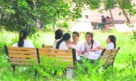 Students make the most of free time at Government College for Women, Gandhi Nagar, in Jammu. 