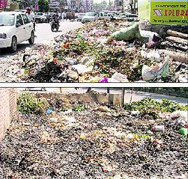 A view of the garbage piled up at Ghumar Mandi on Tuesday; and (below) the garbage which was burnt near the Zone D office of the MC at Ludhiana on Tuesday