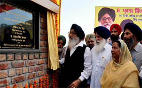 Chief Minister Parkash Singh Badal laying the foundation stone of a 66 KV power sub-station at Fatehgarh Kortana village in Dharamkot sub-division of the Moga district on Wednesday. 