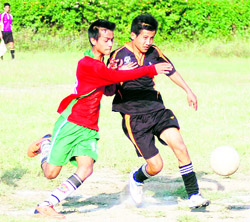 Players of Doon Valley School (in brown) and North Point Childrens Academy (in red) in a semifinal match in the Col Sashi Shamsher JB Rana Memorial Inter-school Football Tournament in Dehradun on Wednesday