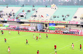 Stands present an empty look at the stadium where the Surjit Hockey Tournament is being organised in Jalandhar. 