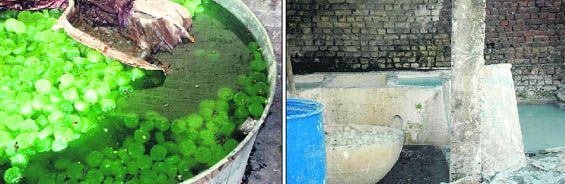 Petha (sweetened pumpkin) kept in dirty utensils with dead flies and mosquitoes in them; and (right) Unhygienic condition prevails in the petha factory which was sealed on Wednesday.