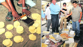 A worker wears sandals as he flattens the dough for mathis in unhealthy conditions at a bakery in Mani Majra; (right) The UT ADC, ML Sharma, inspects the substandard sweets at a factory in Mani Majra.