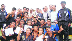 The Doon Valley School team with the 13th Col Sashi Shamsher JB Rana Memorial Inter-school Football Tournament trophy in Dehradun on Thursday. 