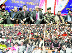 Governor NN Vohra at the peace conference held at Khannabal in Anantnag district on Thursday. The conference was organised by the Jammu and Kashmir Peace Foundation