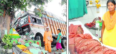 The broken mazaar after a truck rammed into it and (right) Samitri Devi undergoing treatment at the Civil Hospital in Jalandhar.