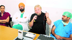 Dr Magne Tvinnereim, founder and head of Euro Sleep Clinic, Norway (2nd from right) Dr Avtar Singh (2nd form left) addressing a press conference in Amritsar on Friday