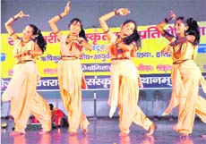 Students of Arya Inter-college, Roorkee, present an item at a state-level Sanskrit cultural competition organised by Uttaranchal Sanskrit University in Haridwar. 