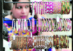 Bangles on display at Sarabha Nagar market in Ludhiana on Friday