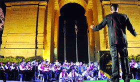 A Fusion Band display by Territorial Army on its 62nd anniversary at India Gate@@in New Delhi on Saturday.