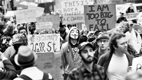 Members of the Occupy Wall Street movement protest against New York financiers, whom they blame for the economic crisis that has struck countless ordinary Americans.