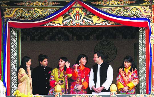 Rahul Gandhi and Union Minister Jyotiraditya Scindia with members of the Royal family in Bhutan. 