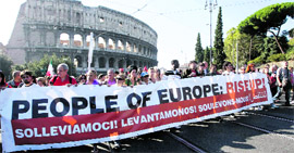 Activists protest against banking and finance in Rome on Saturday.