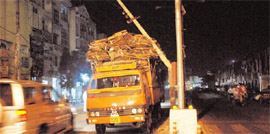 The truck that entered a wrong lane and hit the electricity pole outside the railway station in Bathinda on Saturday night.
