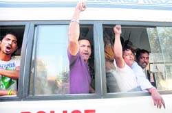 Protesters detained by the Chandigarh Police for staging a protest outside the Dadu Majra community centre in Dadu Majra, Chandigarh, on Sunday. 