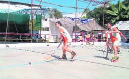 A roller hockey match under way in the Inter-school Roller Skating Competition in Dehradun on Sunday.