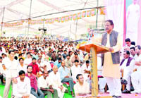 Chief Minister BC Khanduri addresses a public meeting in Haridwar on Sunday. 