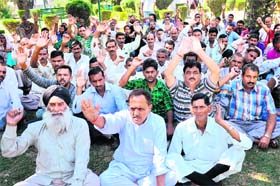 Members of the National Mazdoor Conference protest against the apathetic attitude of the UPA government towards their long-pending demands in Rani Park in Jammu on Sunday.