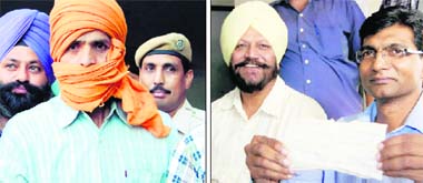 Kuldeep Singh, the accused, arrested by the State Special Operation Cell in Amritsar on Monday and (R) Kaustabh Sharma showing the fake currency seized from the accused
