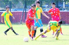 Players in action during a semifinal match of the Mir Iqbal Hussain Trophy in Chandigarh on Monday.