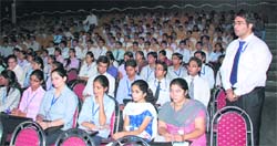 Students of Jai Parkash Mukand Lal Institute wait for their turn at a placement drive at Radaur in Yamunanagar.