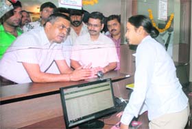 Chief Parliamentary Secretary KD Bhandari with Police Commissioner at a Saanjh Kendra at the Division No 3 police station after its inauguration in Jalandhar on Monday