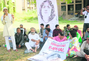 Human rights activists, civil society members participate in the Save Sharmila campaign on the University of Jammu campus on Monday. 