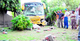 The school bus that rammed into the boundary wall of a house in Amritsar on Tuesday.