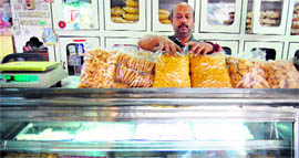 Salt-based eatables displayed at a sweets shop in Amritsar on Tuesday.