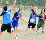 A match in the District-level Handball Tournament in progress in Dehradun on Tuesday. 