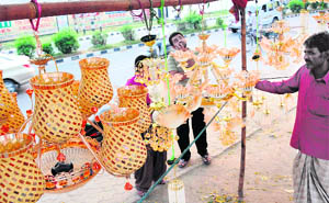 A roadside vendor displays fancy lights as Diwali draws nearer in Karnal on Tuesday.