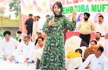 PDP president Mehbooba Mufti addresses a public meeting near Jammu.