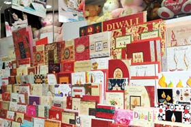 Gift shops are flooded with greeting cards ahead of Diwali