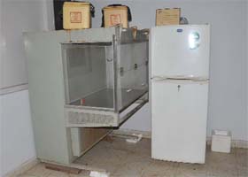 A view of the refrigerator and the machine which is used for processing the eye ball for preparing button-hole (cornea) in the sterilisation chamber at the SD Mahabir Dal Hospital in Bathinda