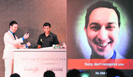 Matias Duarte, senior director at Google, demonstrates the feature that uses facial recognition to unlock the new Samsung Galaxy Nexus phone