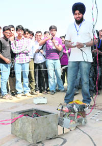 A robot made from junk material being exhibited during Avishkaar at the UIET in Chandigarh on Wednesday.
